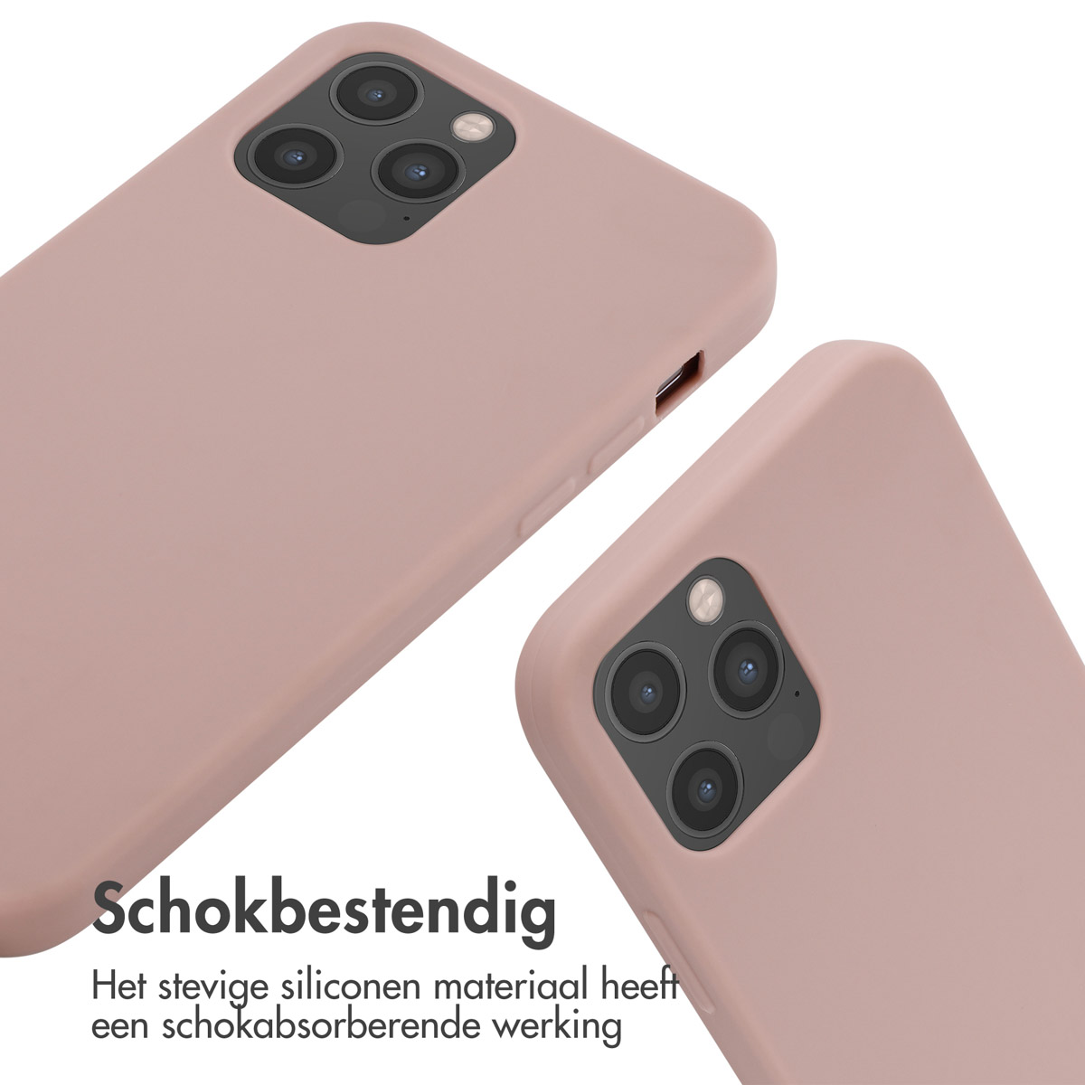 Deux coques de téléphone, couleur rose poudré, l'une à côté de l'autre. Texte : Résistant aux chocs.