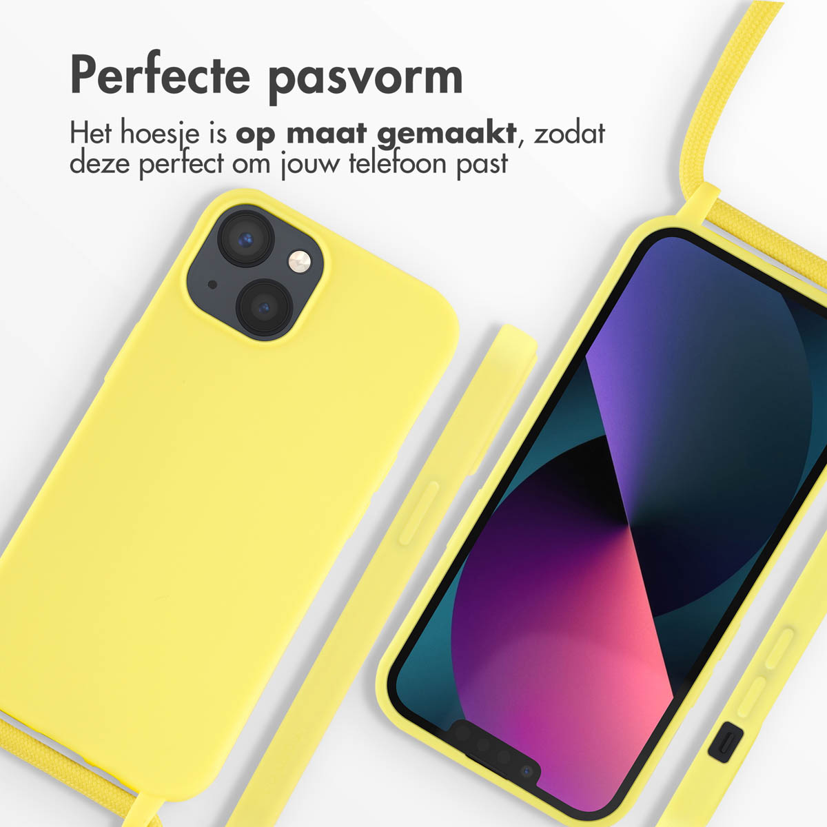 Coque de téléphone jaune, avec un téléphone en présentation et une coque assortie à côté.