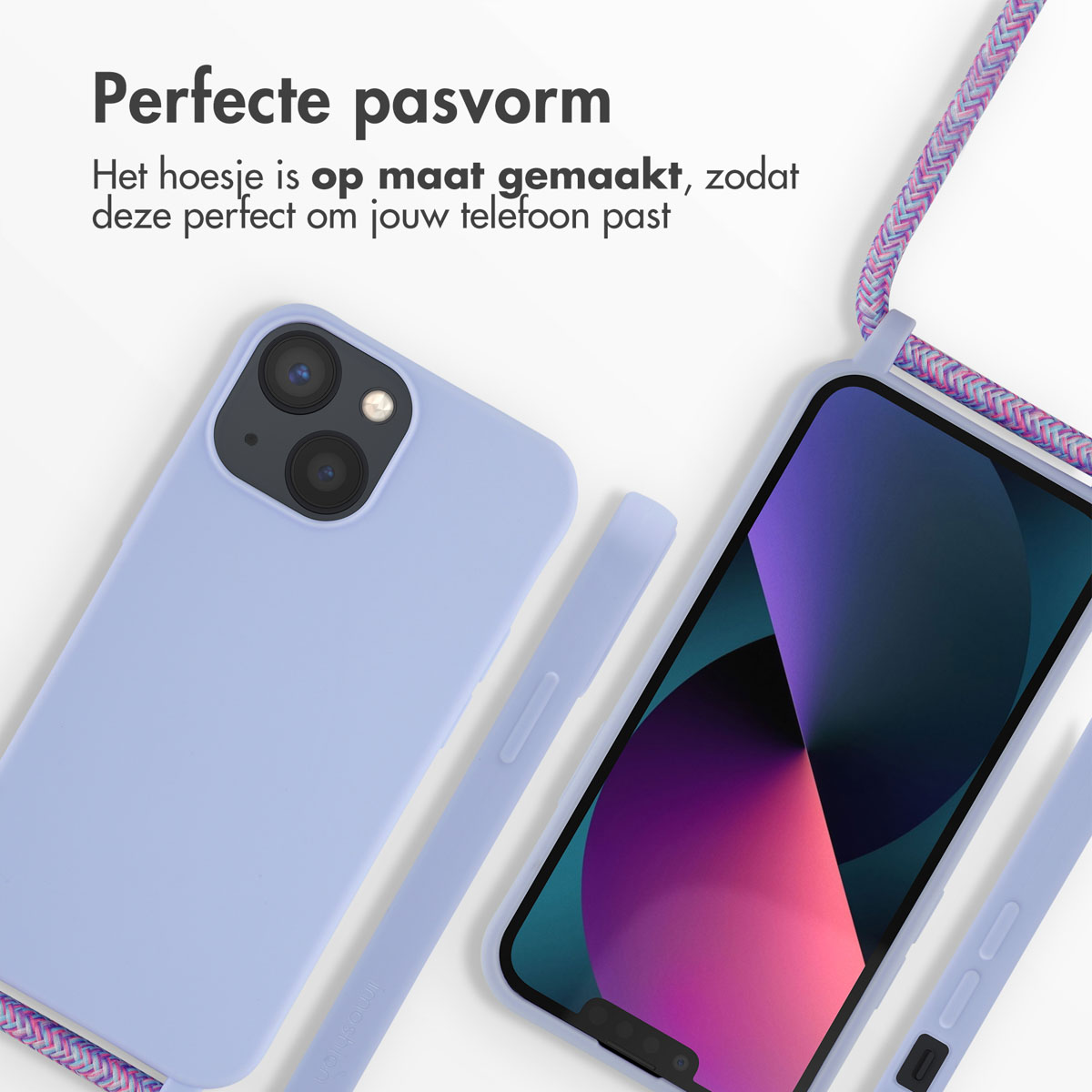 Coque de téléphone violet clair avec téléphone, cordon de suspension.