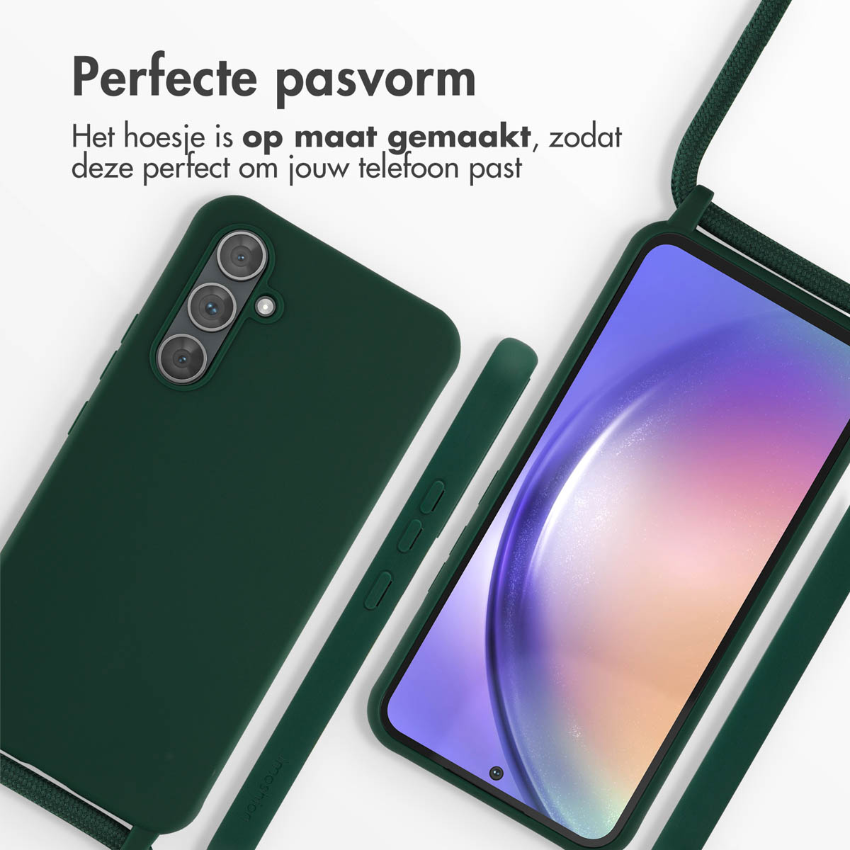 Donkergroene telefoonhoes, met een telefoon op het scherm en een bijpassende hoes ernaast.
