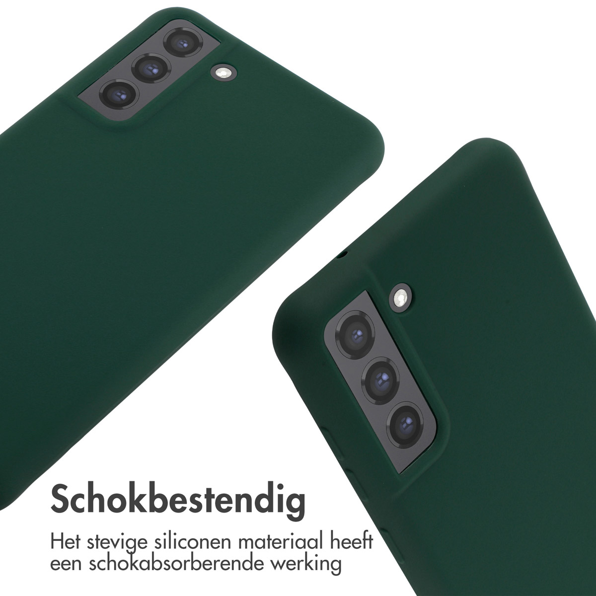 Coques de téléphone vert foncé, deux, placées ensemble sur une surface blanche, présentant le téléphone.