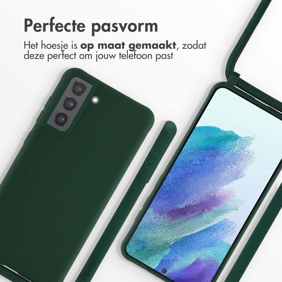 Deux coques de téléphone vert foncé, une ouverte. Téléphone avec coque et sangle vertes. Texte: Ajustement parfait.