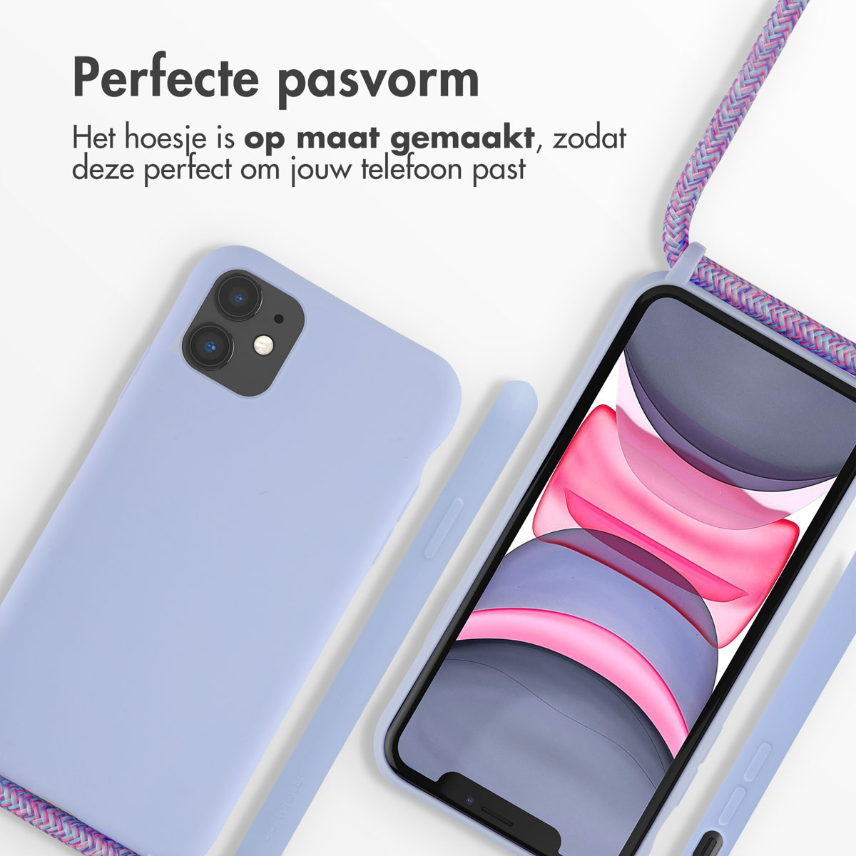 Een lichtpaarse telefoon met hoesje, een koord aan de telefoon bevestigd.