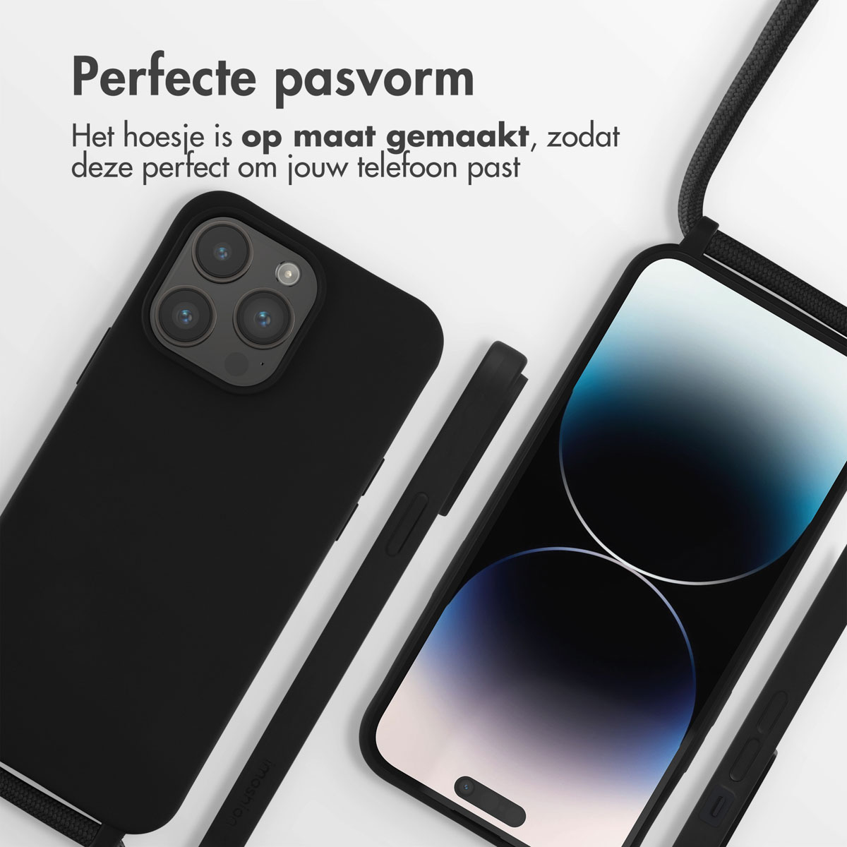 Schwarze Handyhülle neben einem Telefon mit Riemen. Perfekte Passform.