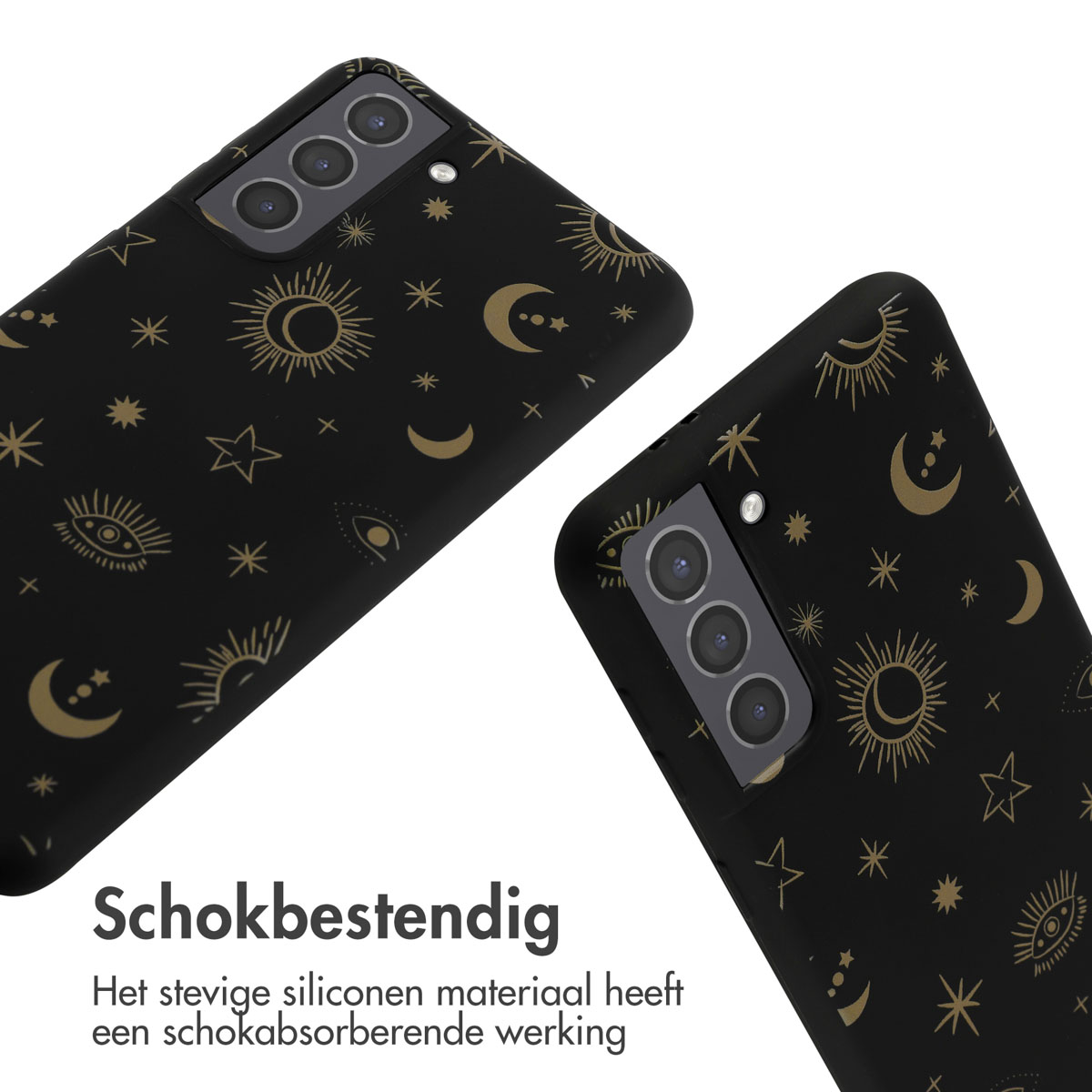 Twee zwarte telefoonhoesjes met een gouden hemels patroon.
