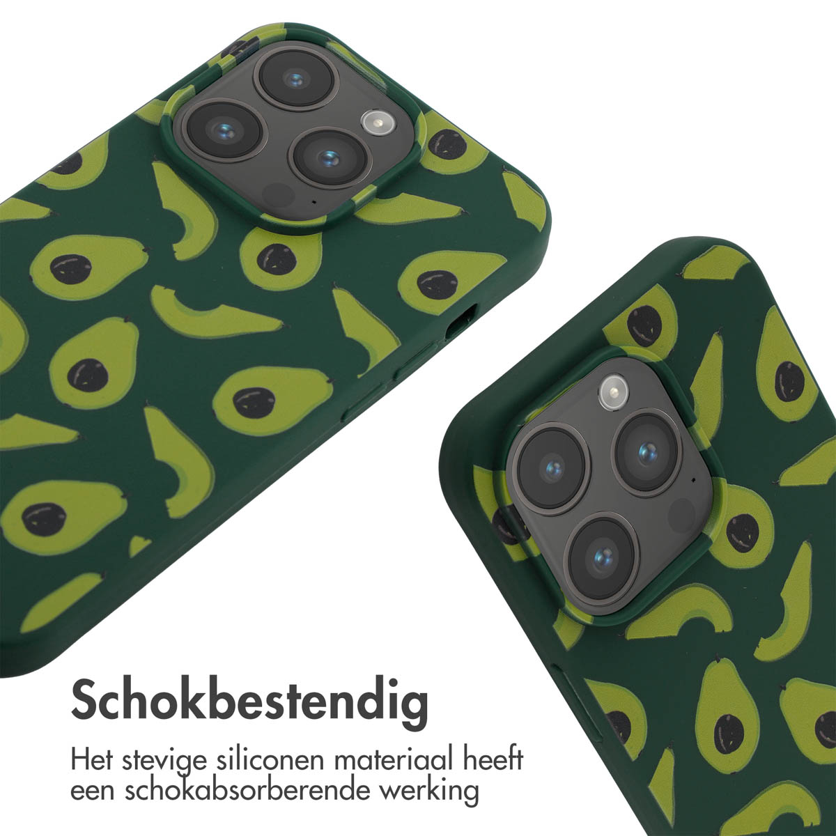 Twee groene telefoonhoesjes met avocadopatronen, die de achterkant tonen. Beide staan op een witte achtergrond.