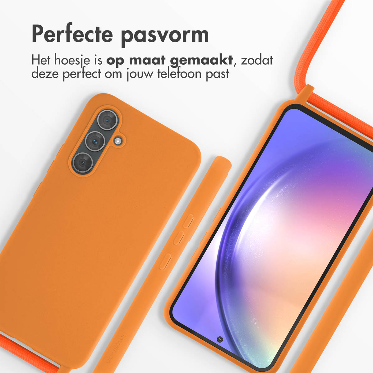 Oranje telefoonhoesje met bijpassend koord en een telefoon. Witte achtergrond. Scherm zichtbaar.