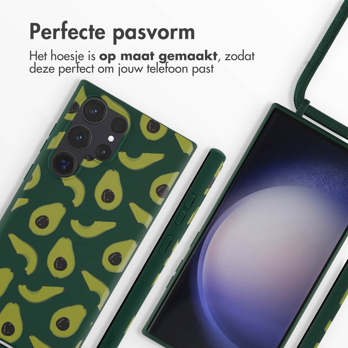 Groene telefoonhoes met avocado-ontwerp, telefoon met groene hoes op een wit oppervlak.