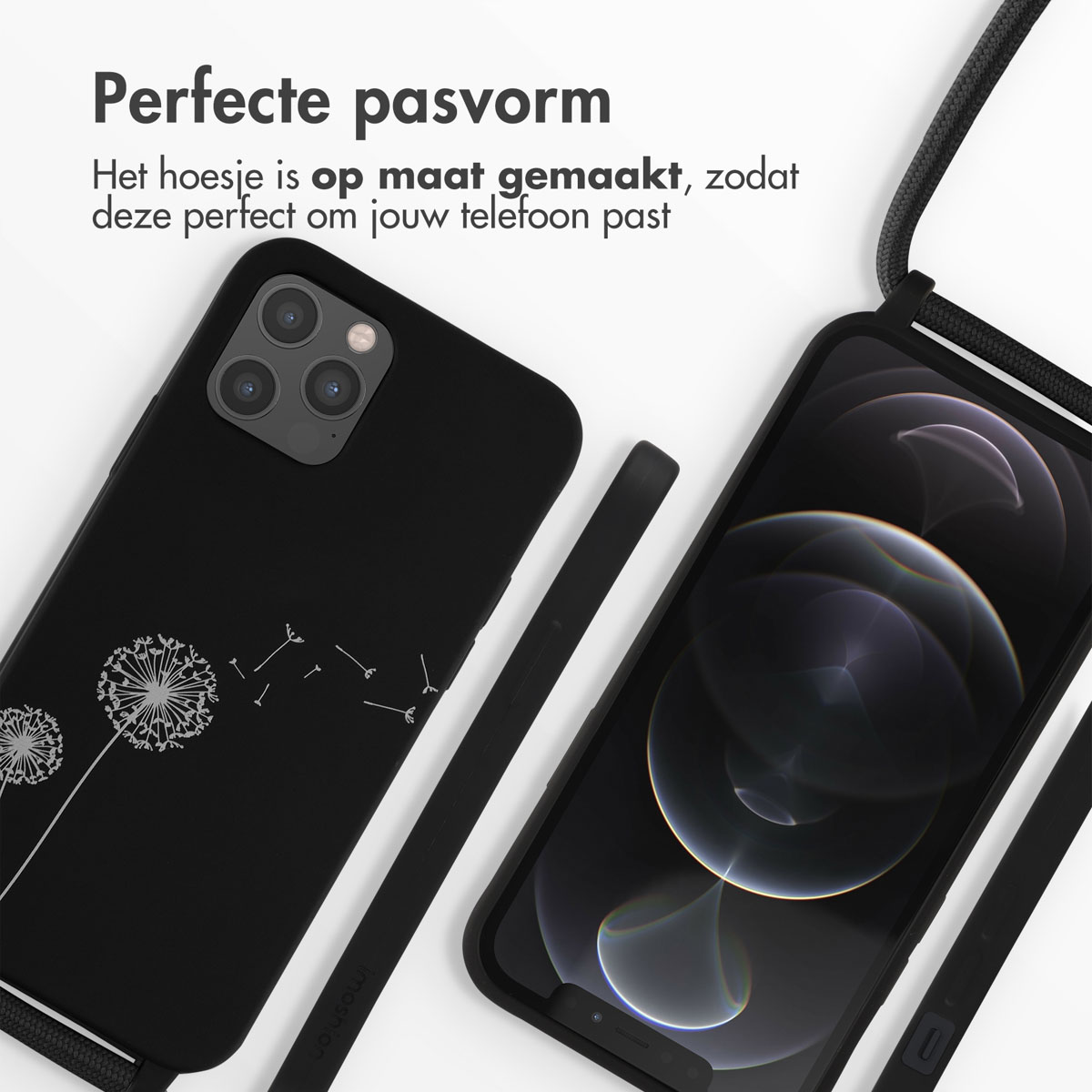 Schwarze Handyhülle mit Löwenzahn-Design. Telefon ist drin, Bildschirm sichtbar. Weißer Hintergrund.