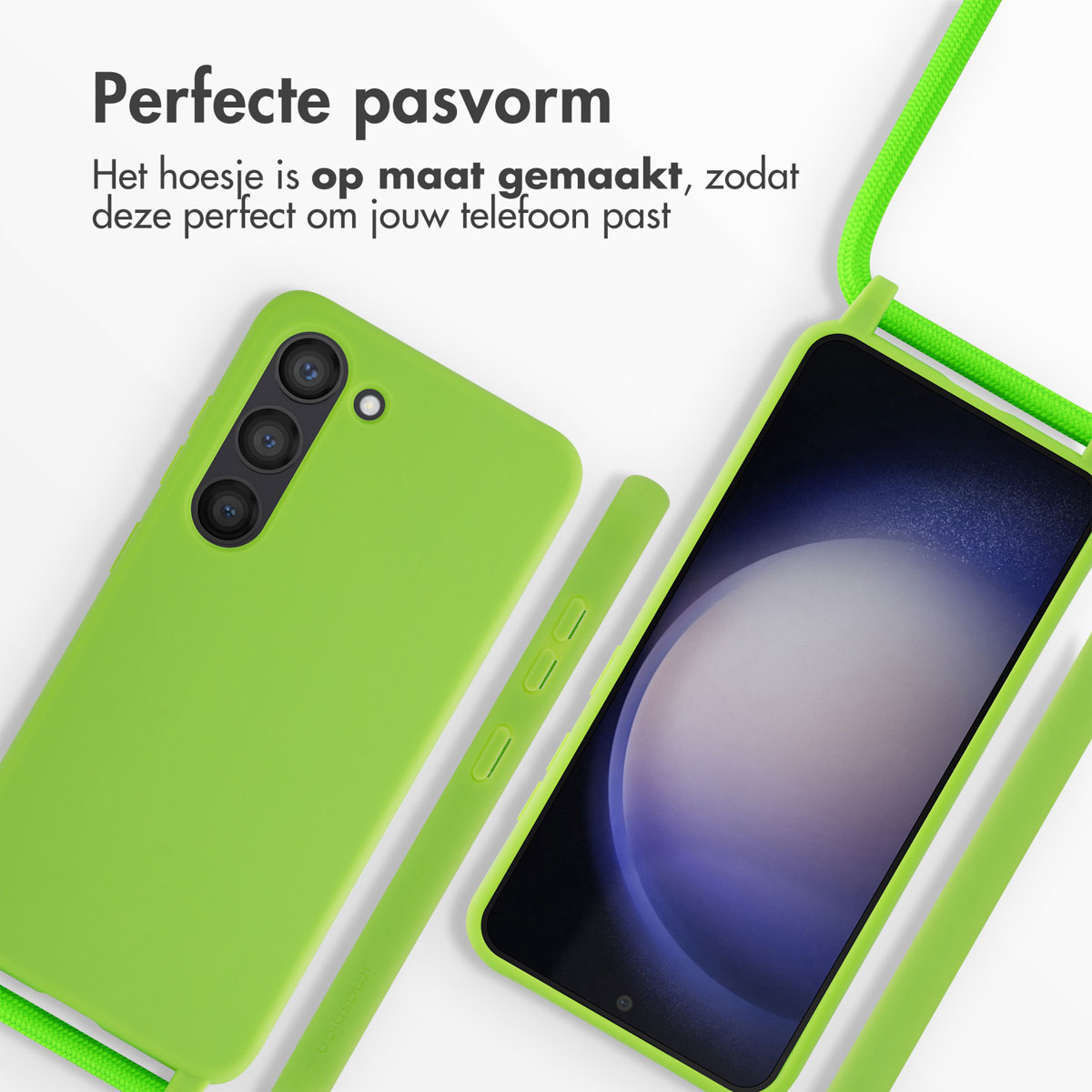 Groene telefoonhoes met telefoon en riem. Scherm toont een kleurrijk beeld.