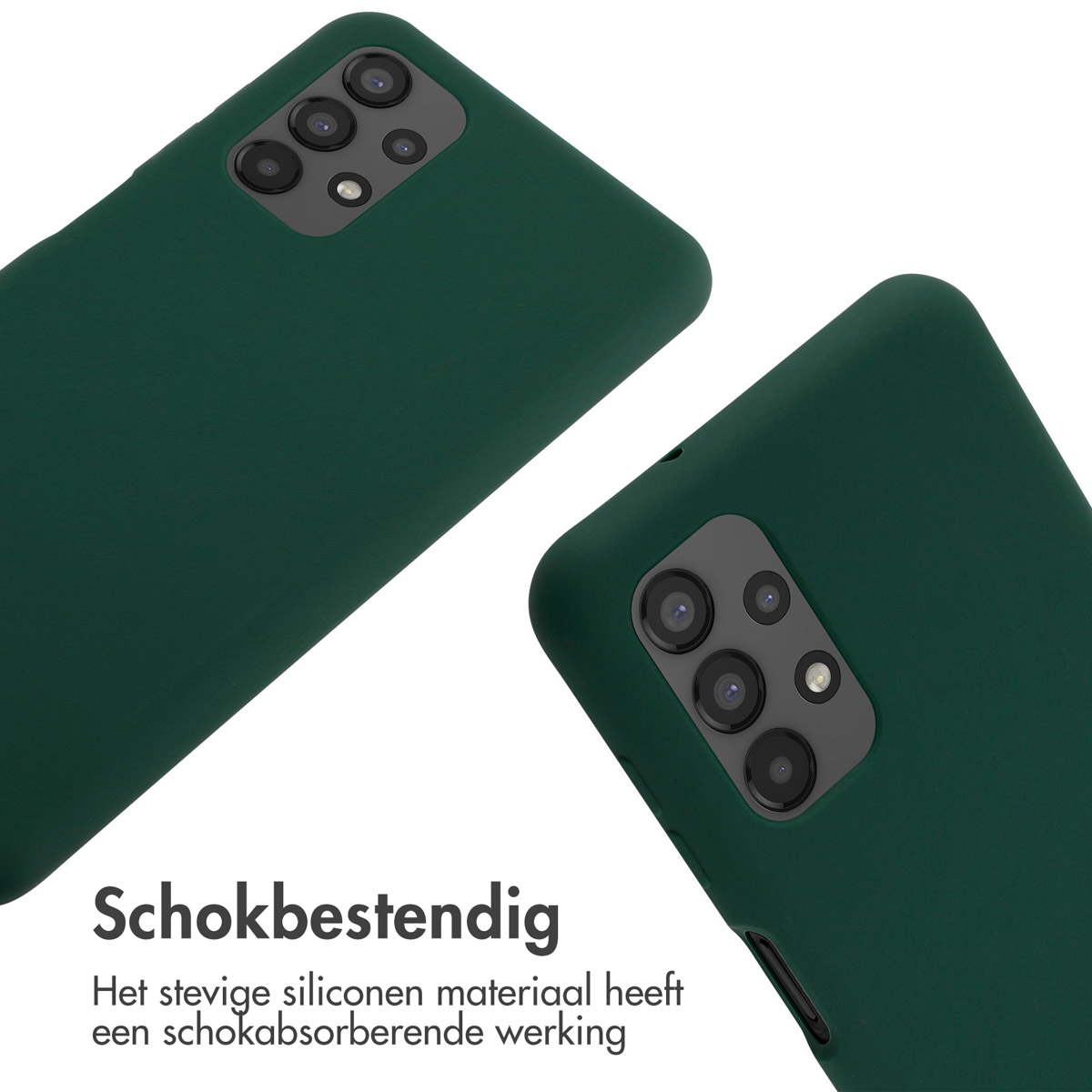 Two dark green phone cases, angled. Text 'Shockproof' and a description below.
