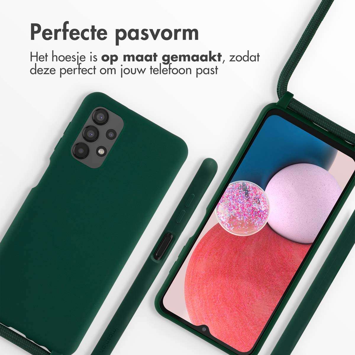 Dark green phone case and phone, with a matching green strap. Text at the top.