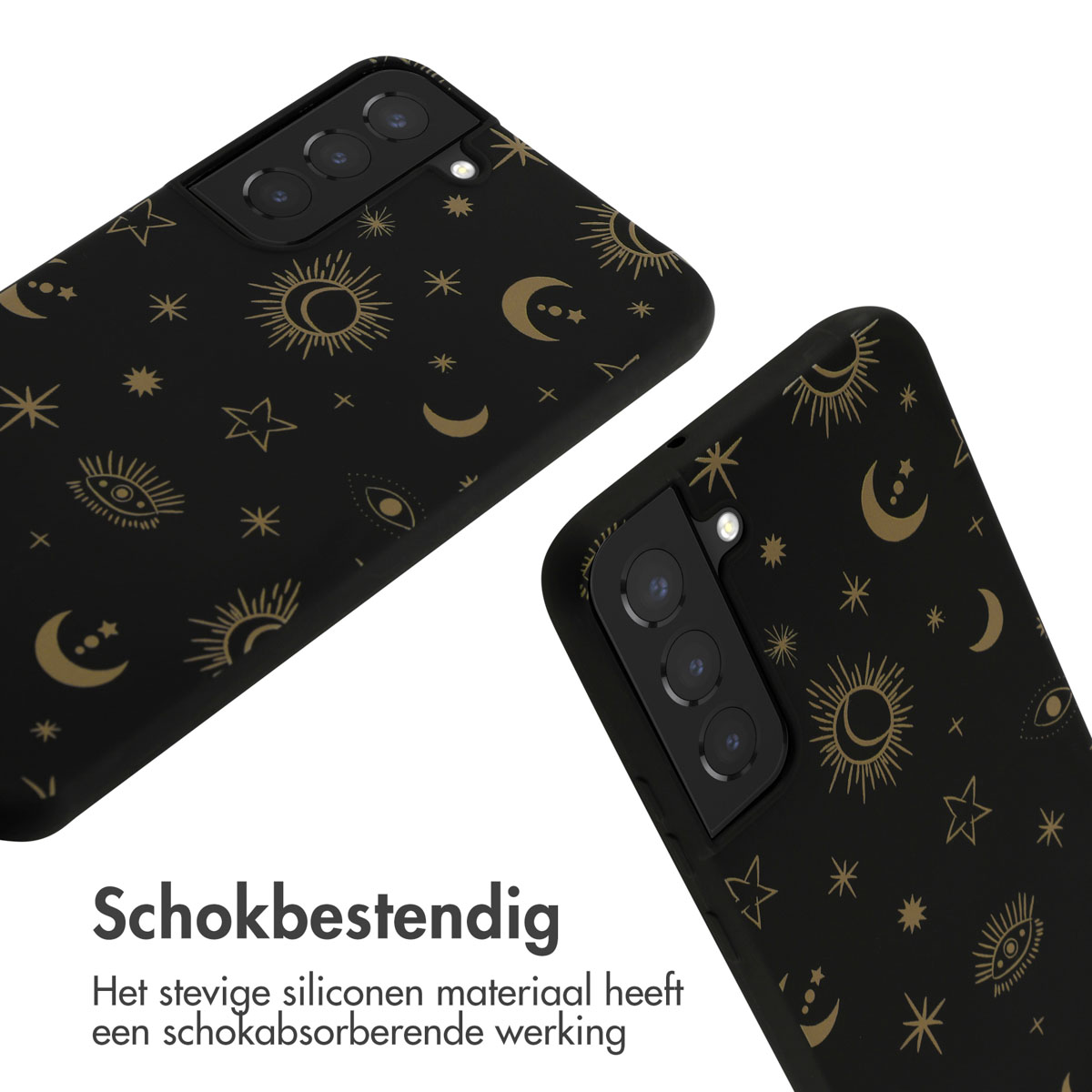 Deux coques de téléphone noires, avec un motif doré de lune et d'étoile, l'une à côté de l'autre. Texte : Résistant aux chocs.