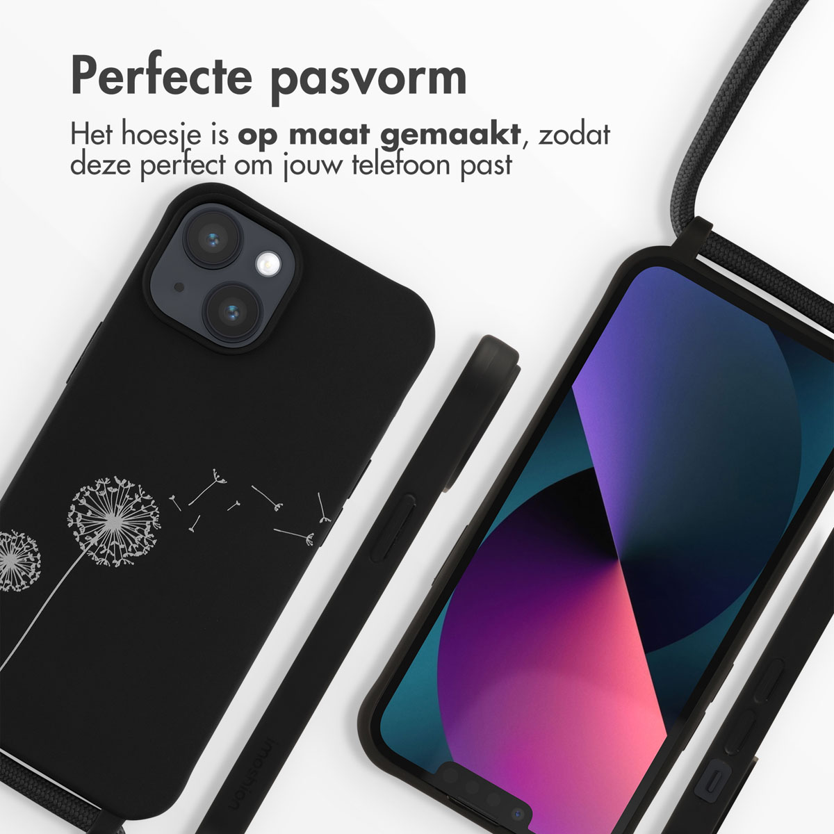 Schwarze Handyhülle mit Telefon, Pusteblumen-Design, Umhängekordel.