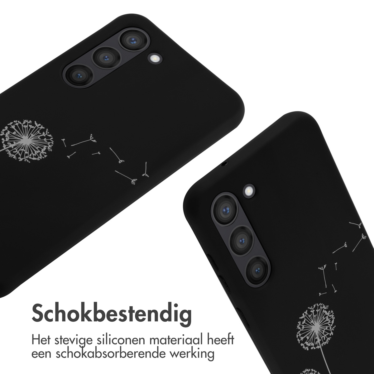 Zwarte telefoonhoesjes met paardenbloemdesign. Tekst: Schokbestendig. Siliconen materiaal heeft schokabsorberende werking.