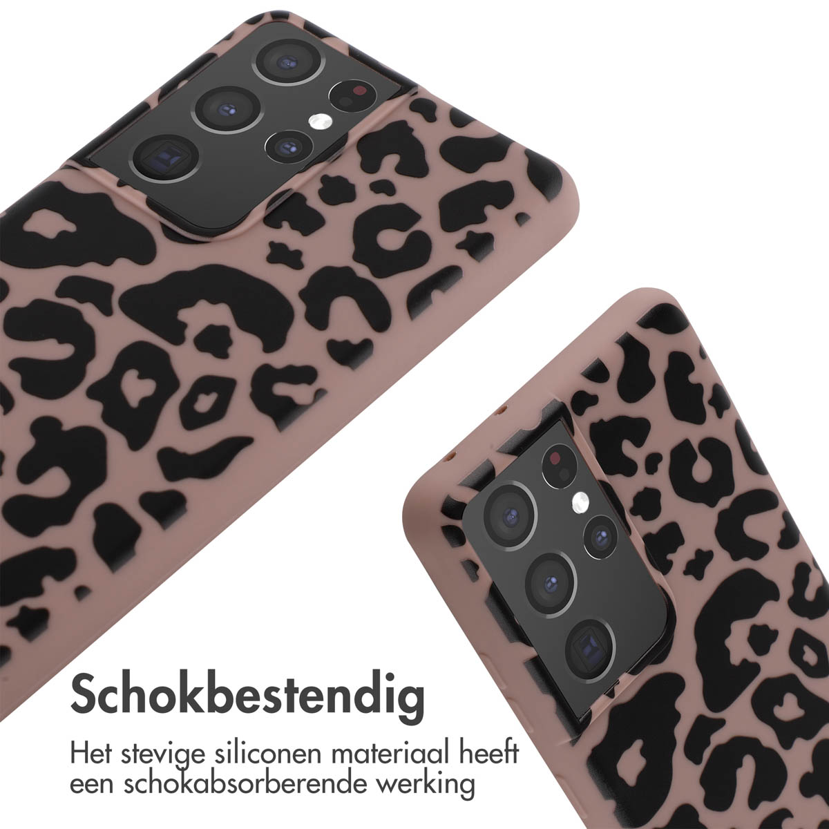 Twee roze telefoonhoesjes met luipaardprint. Tekst: Schokbestendig.