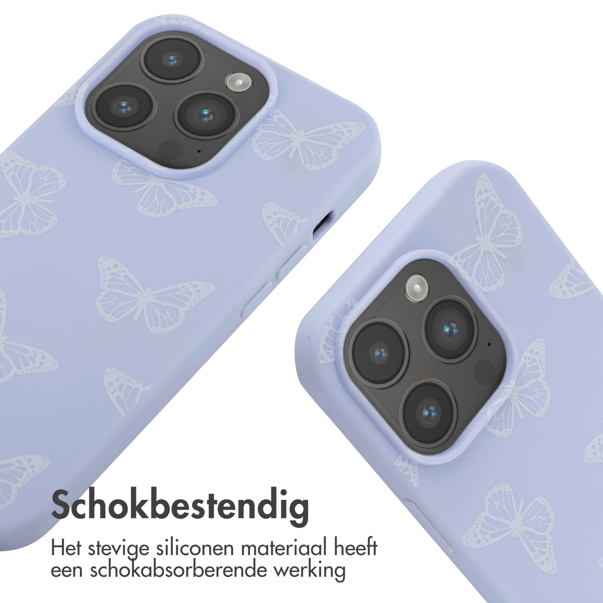 Twee lichtpaarse telefoonhoesjes met een vlinderpatroon, die de achterkant tonen. Witte achtergrond en tekst eronder.