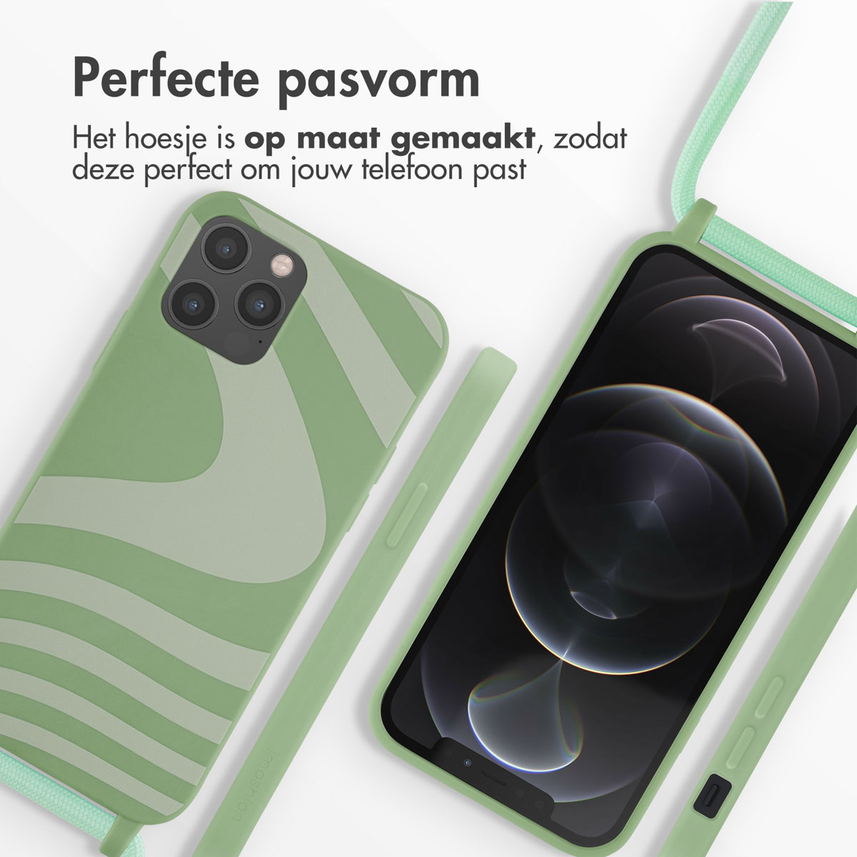 Grüne Handyhülle mit Wellenmuster, ein Telefon mit grüner Hülle darin.