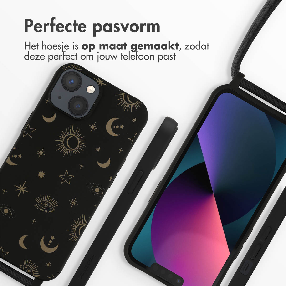 Zwarte telefoonhoes en telefoon, met hemelse gouden ontwerpen en zwarte band. Tekst.
