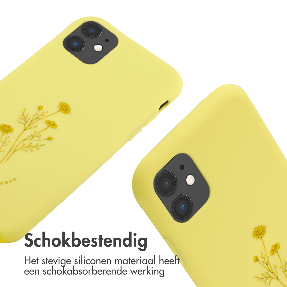 Zwei gelbe Handyhüllen mit floralem Design. Telefone in den Hüllen. Weißer Hintergrund.