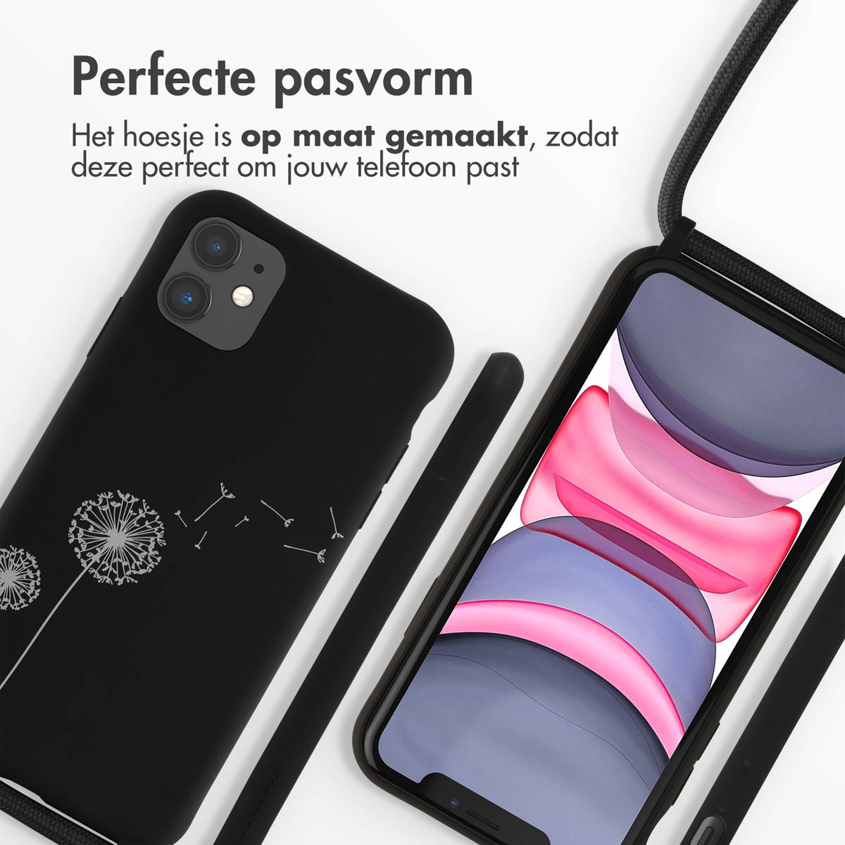 Schwarze Handyhülle mit Pusteblumen-Design. Text: Perfekte Passform. Die Hülle ist maßgefertigt.