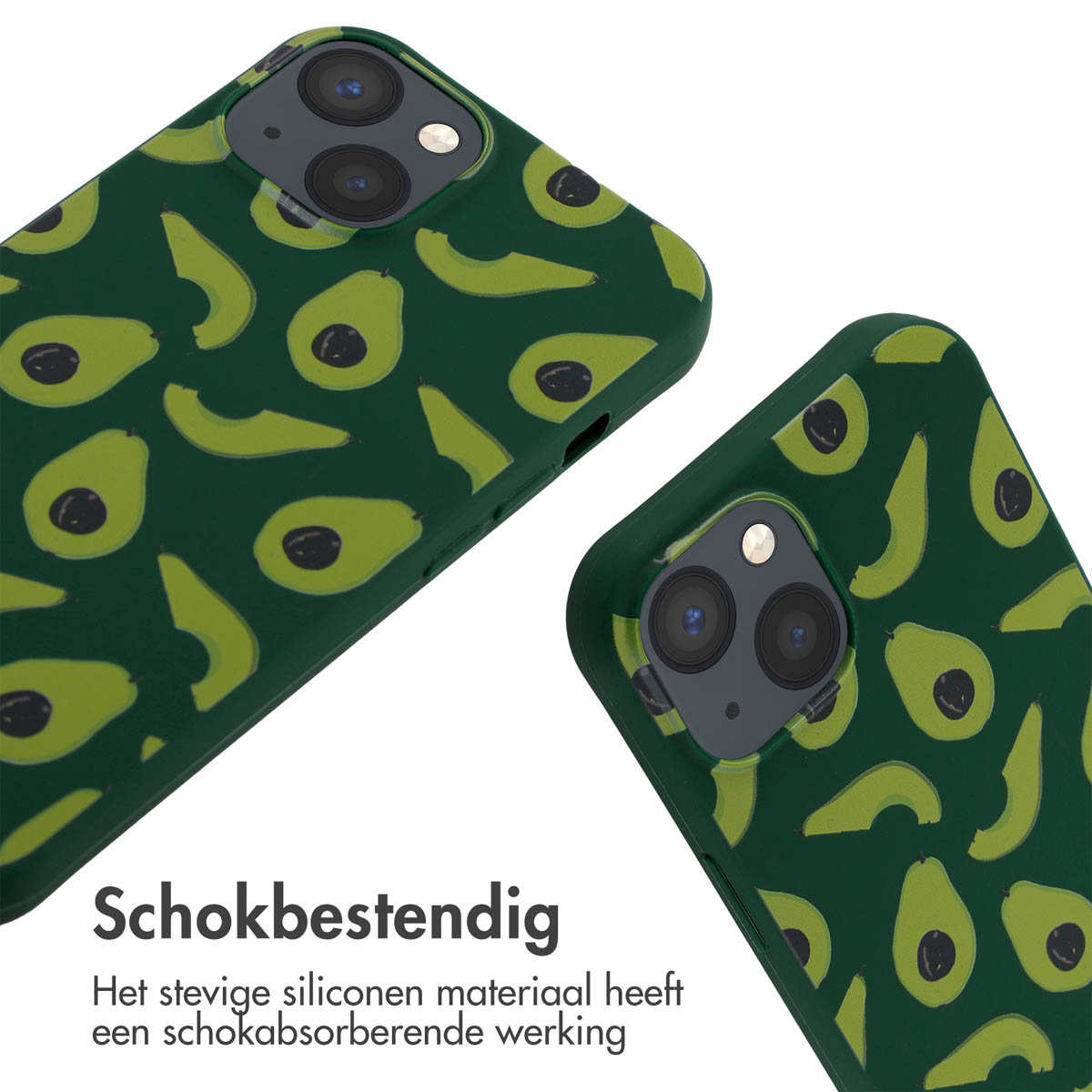 Groene telefoonhoesjes met avocado-ontwerpen. Groene avocado's staan op de hoes.
