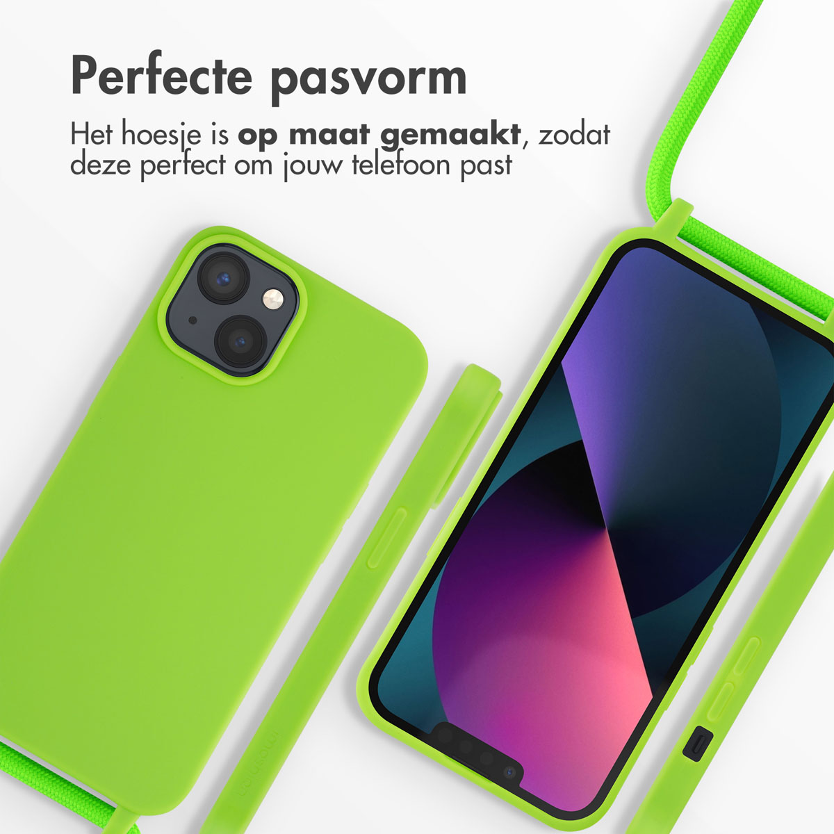 Grüne Handyhülle mit Telefon, Umhängekordel.