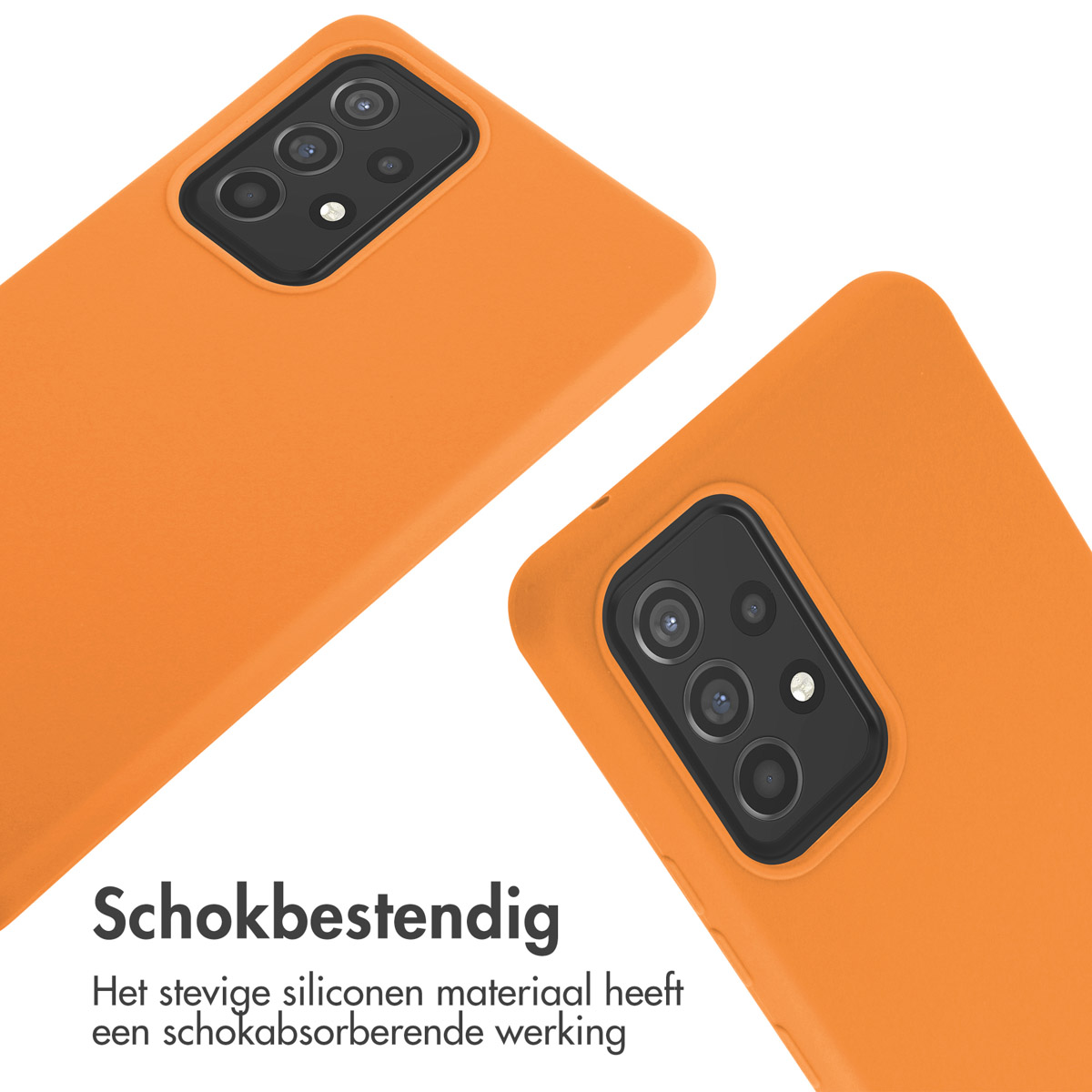 Oranje telefoonhoes met telefoon erin. Twee hoesjes, één vooraan.
