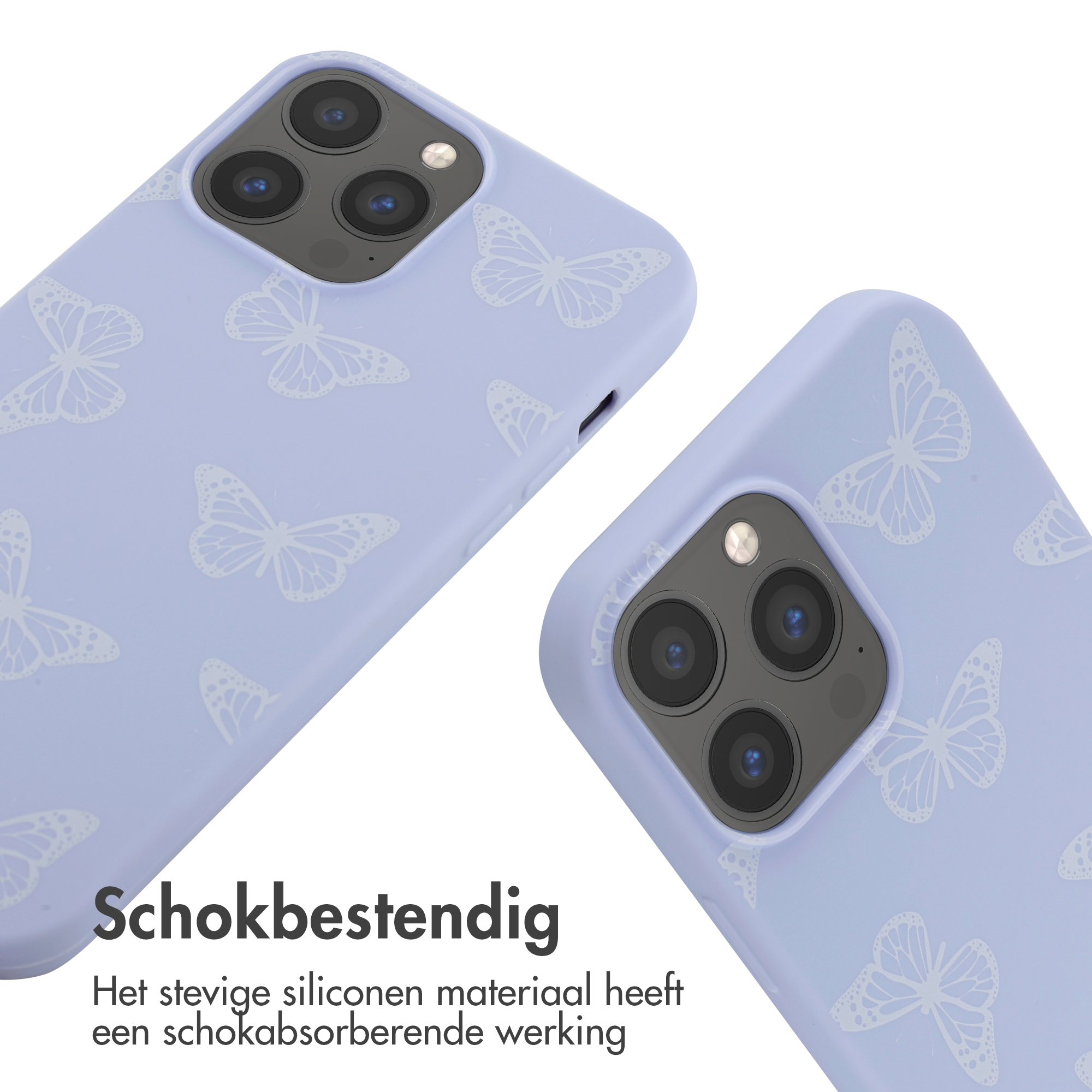 Twee lichtpaarse telefoonhoesjes met vlinderpatronen.