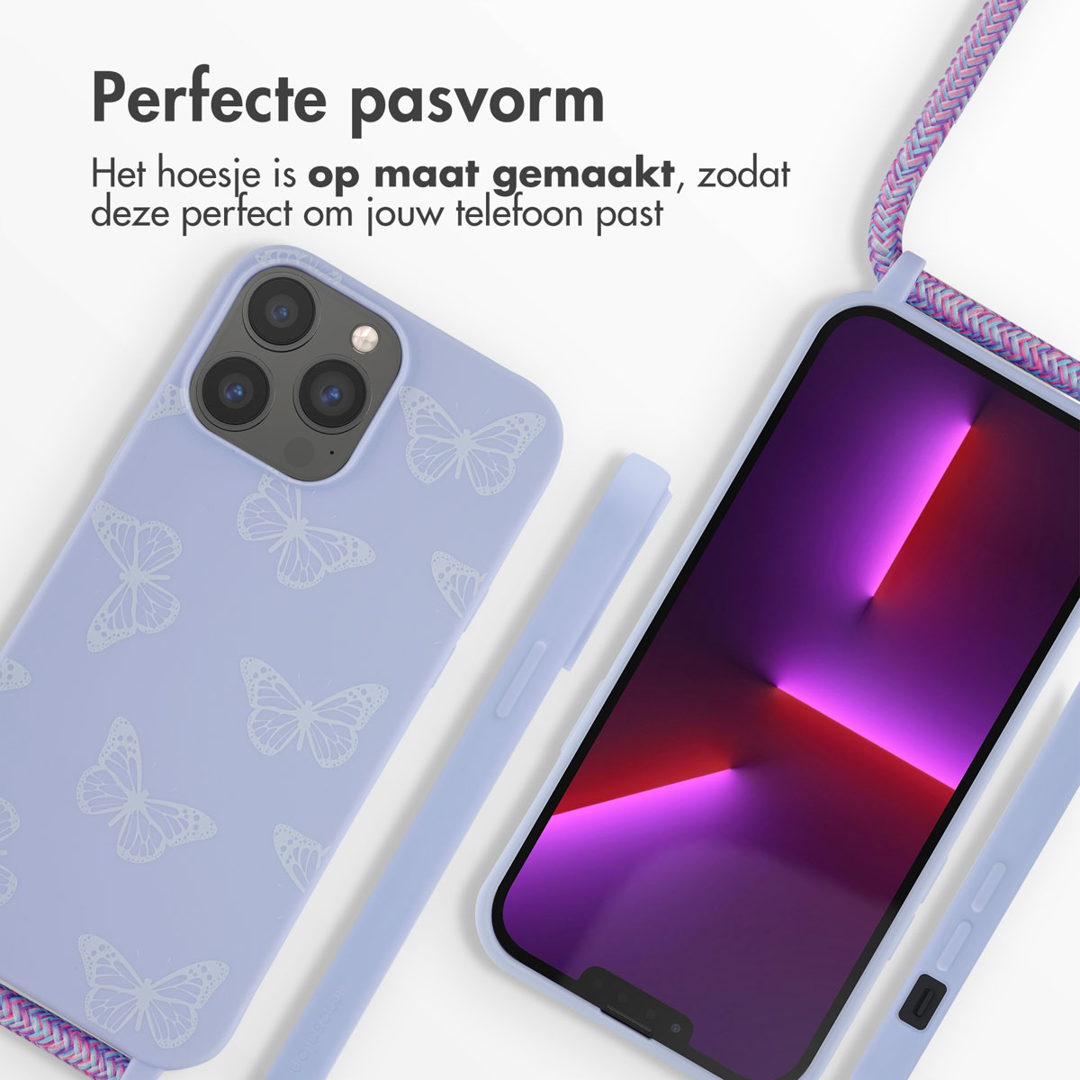 Paarse telefoonhoes met vlinderontwerp en koord.