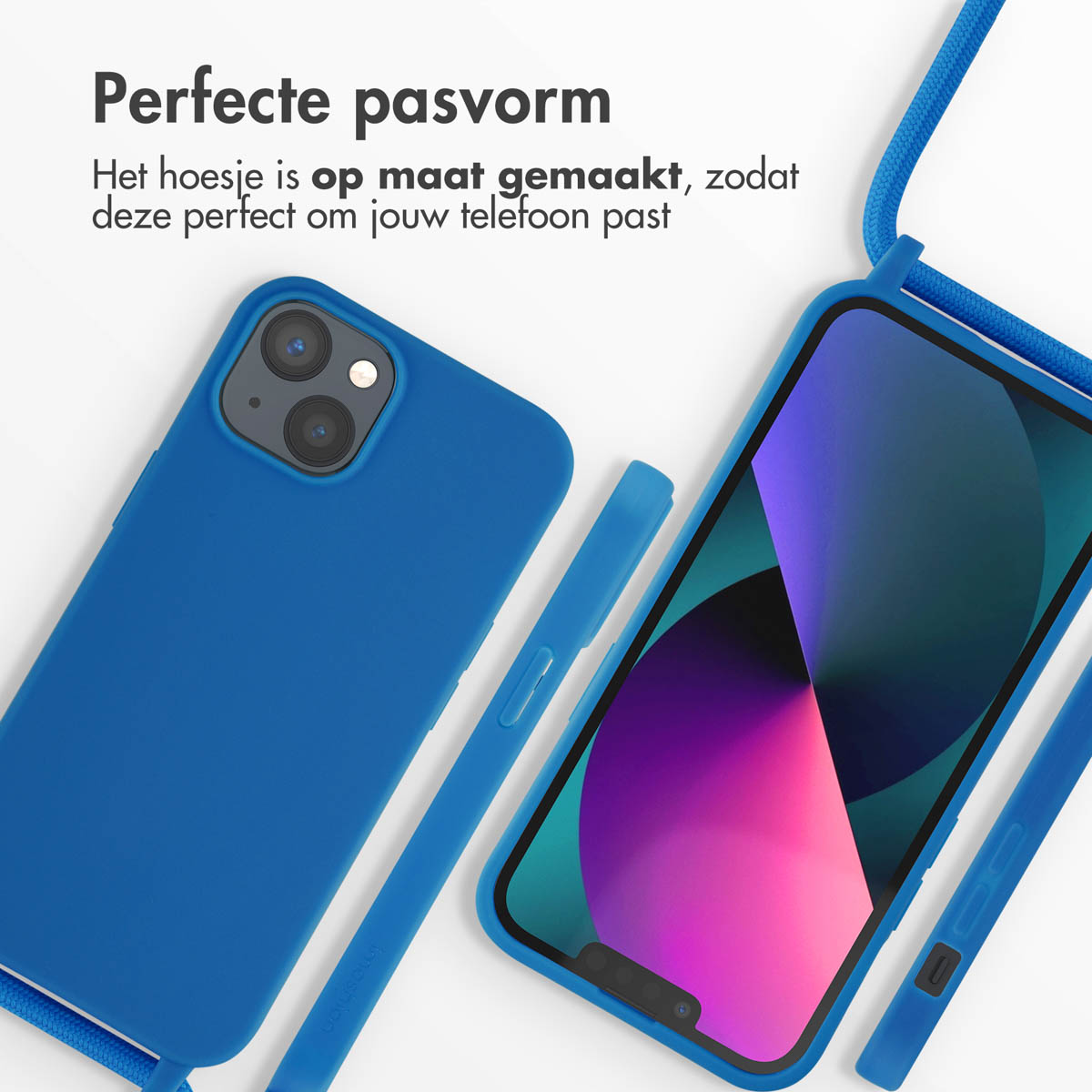 Un étui de téléphone bleu avec un téléphone à l'intérieur. L'étui a une sangle bleue. Texte : Ajustement parfait.