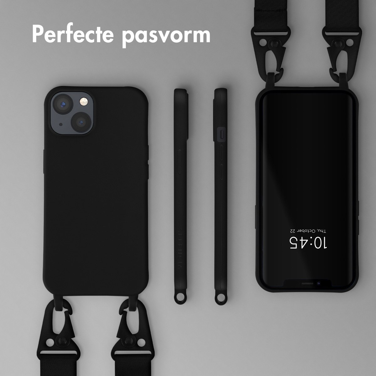 Zwarte telefoon met bandjes, twee zwarte hoesjes. Tekst: Perfecte pasvorm.