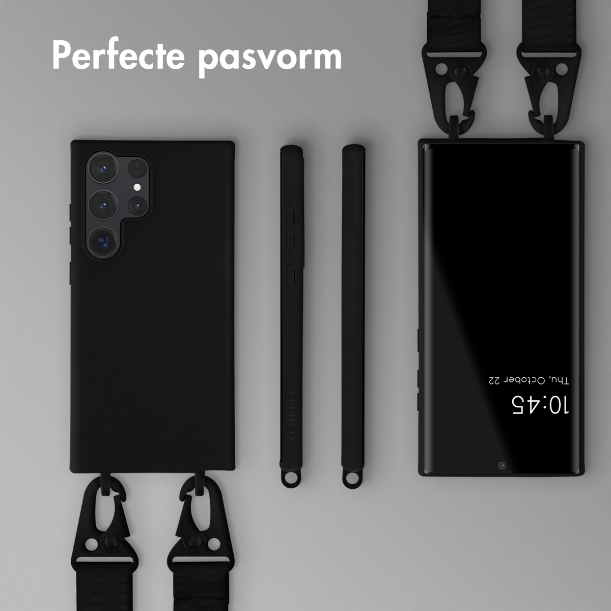 Coque de téléphone noire avec un téléphone et des accessoires, avec des sangles pour accrocher.