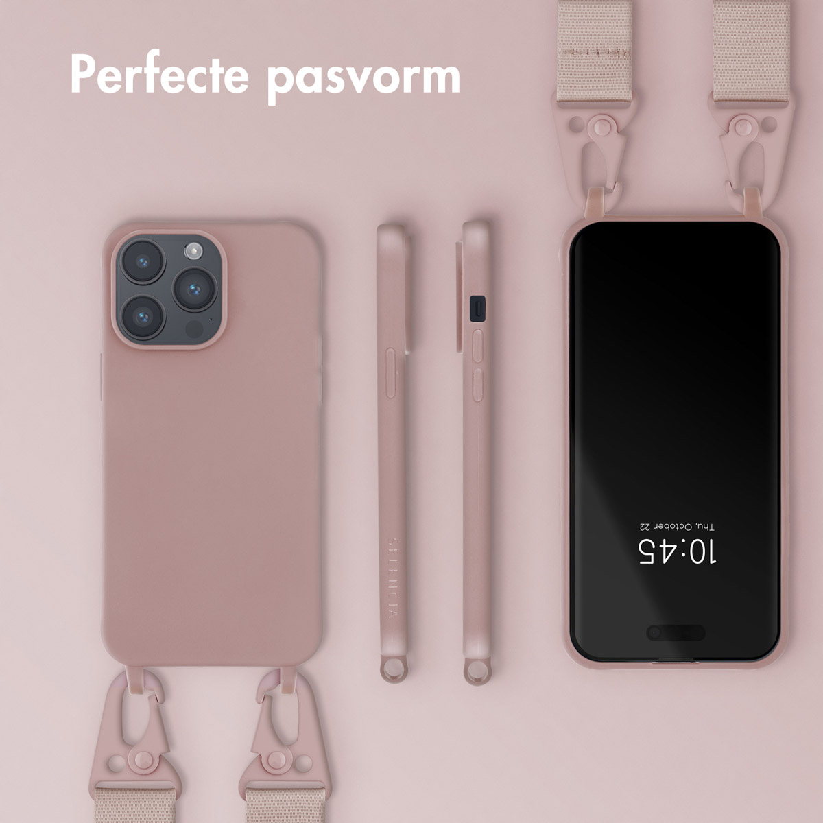 Custodia rosa e due pezzi laterali del telefono con un telefono al centro e un cinturino rosa.