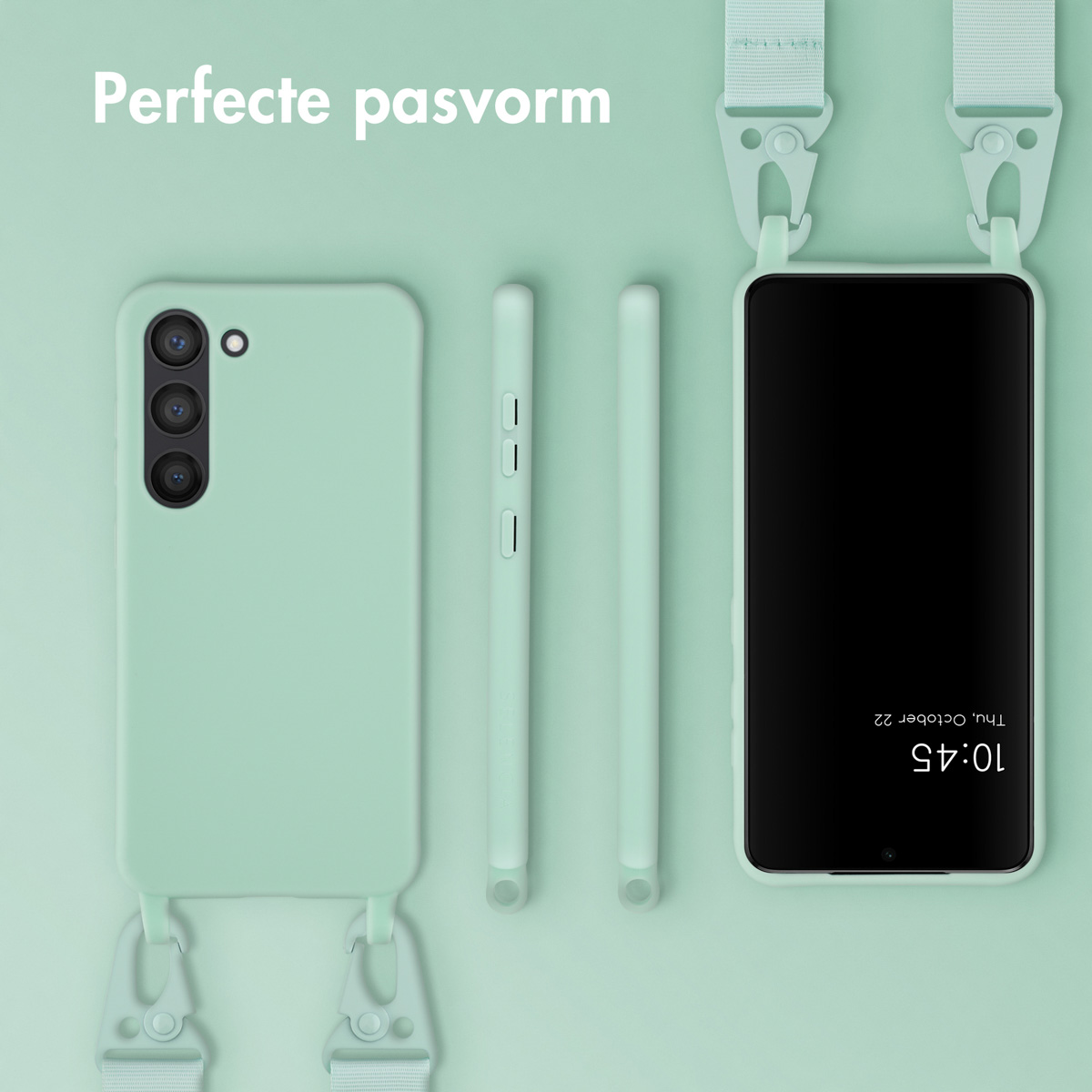 Coque de téléphone vert menthe avec téléphone et accessoires, avec des sangles pour accrocher.