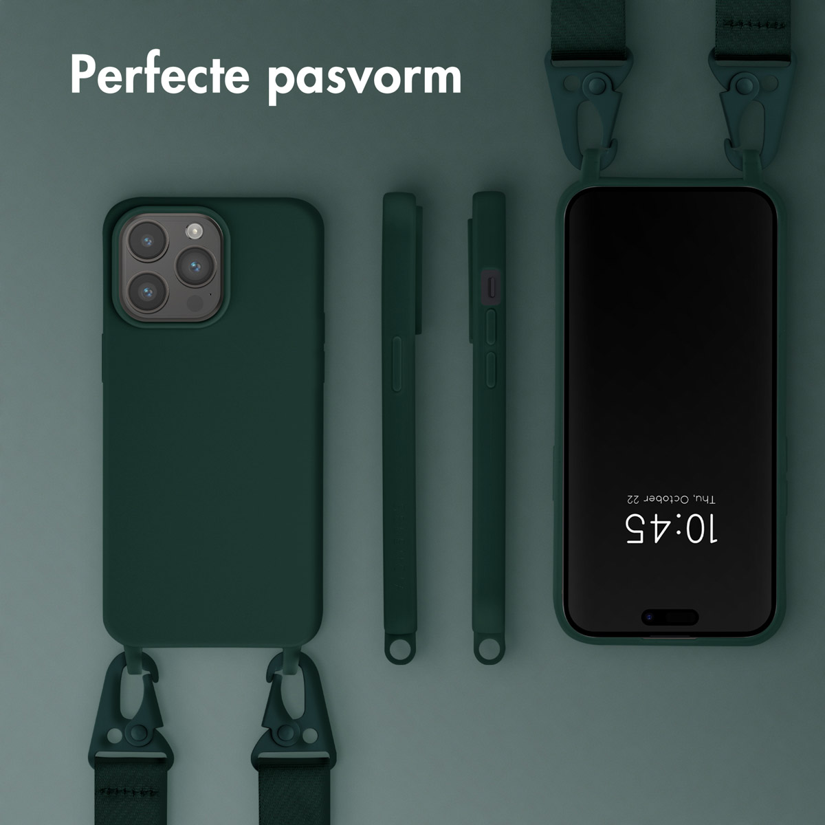 Drie telefoonhoesjes, twee opzij en één vooraan. De telefoon vooraan toont de tijd.