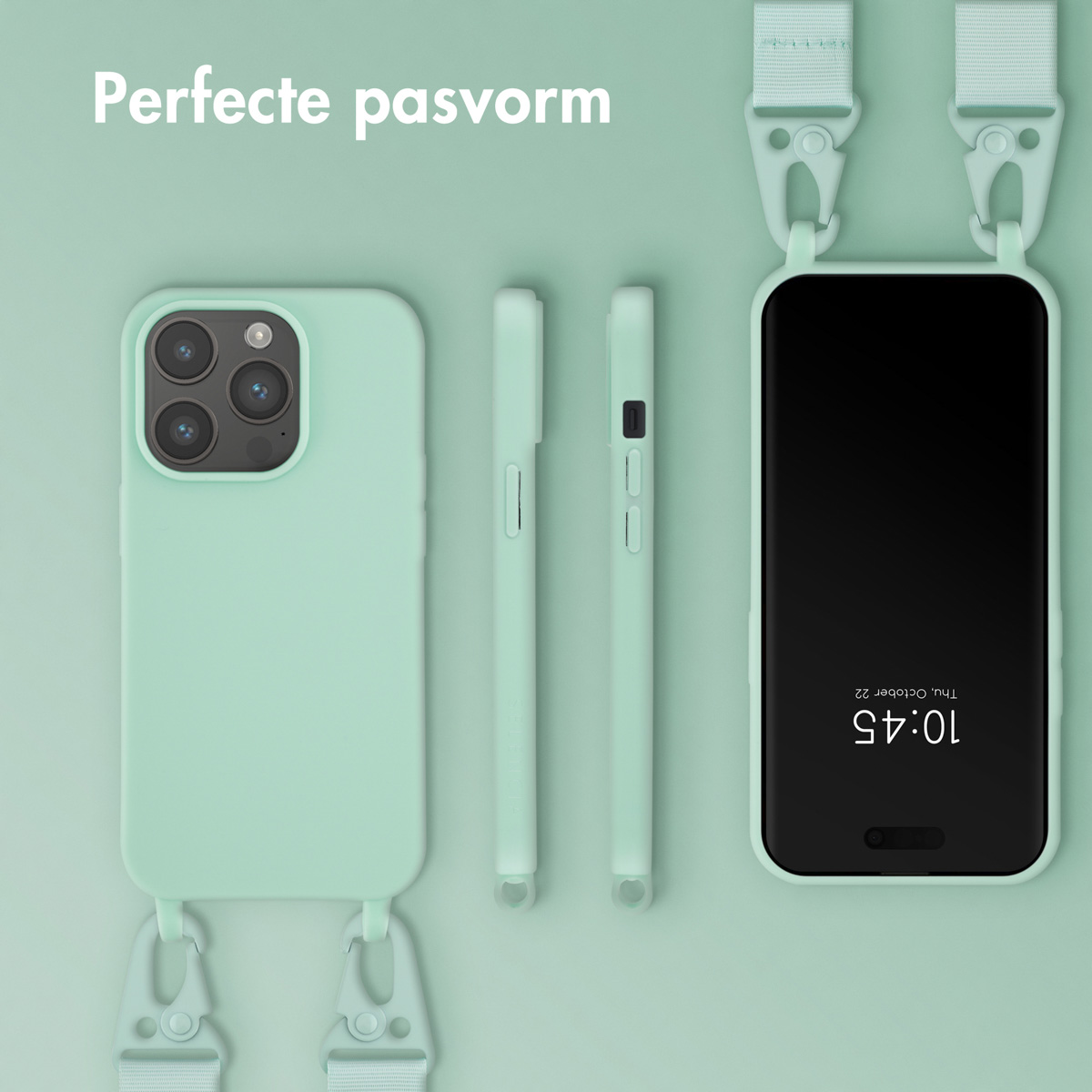 Quatre accessoires de téléphone vert menthe. Téléphone avec coque et sangle vertes. Texte: Ajustement parfait.