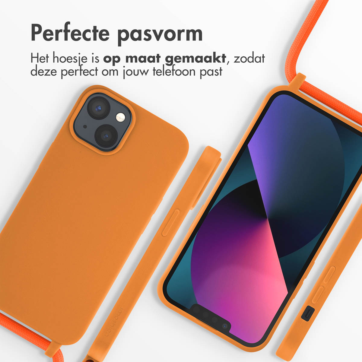 Orangefarbene Handyhülle mit Telefon, orangefarbener Kordel und weißem Hintergrund.