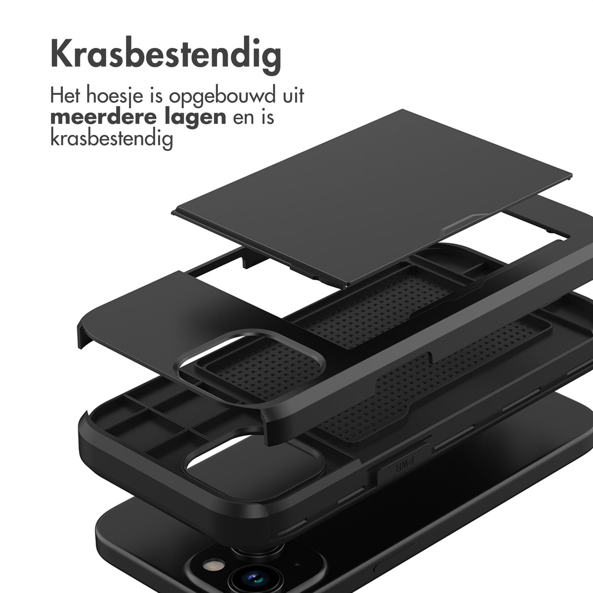 Black phone case disassembled to show layers.