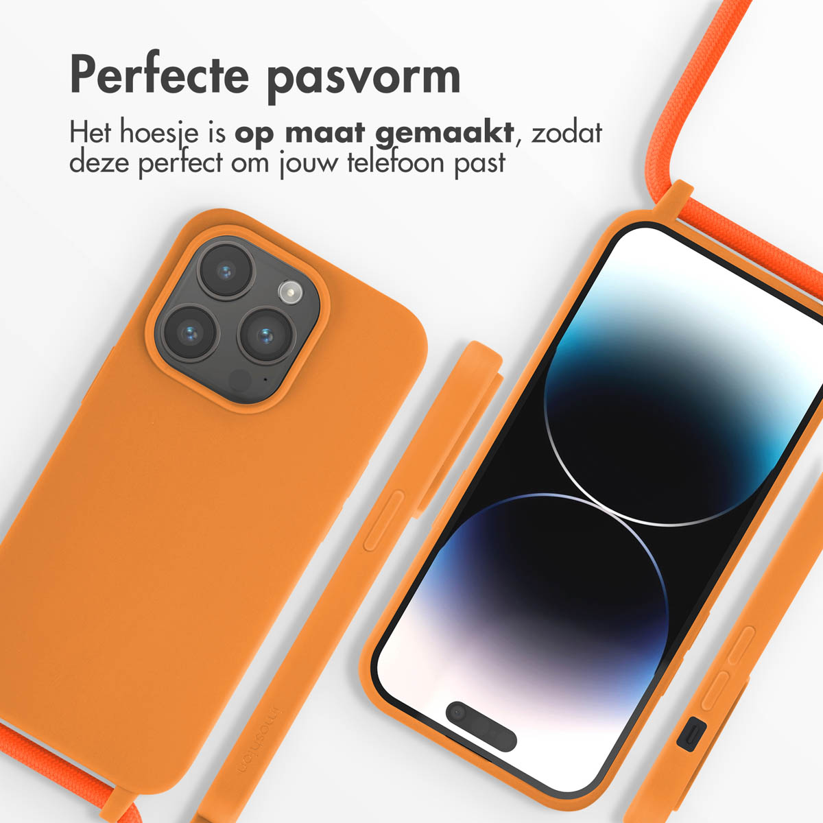 Oranje telefoon met hoesje, een telefoonsnoer bevestigd.