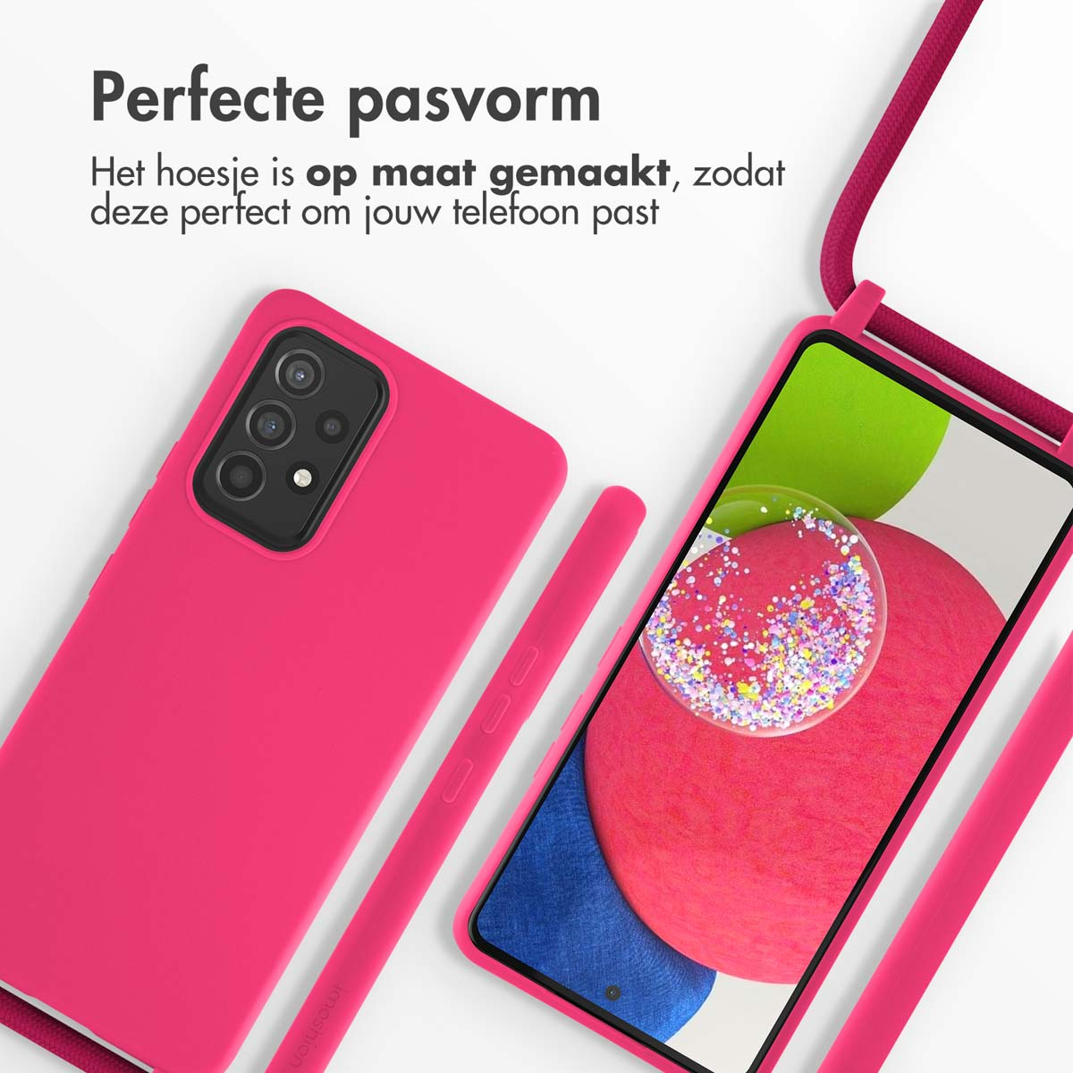 Coque de téléphone rose avec un téléphone à l'intérieur. Le téléphone a une ficelle.