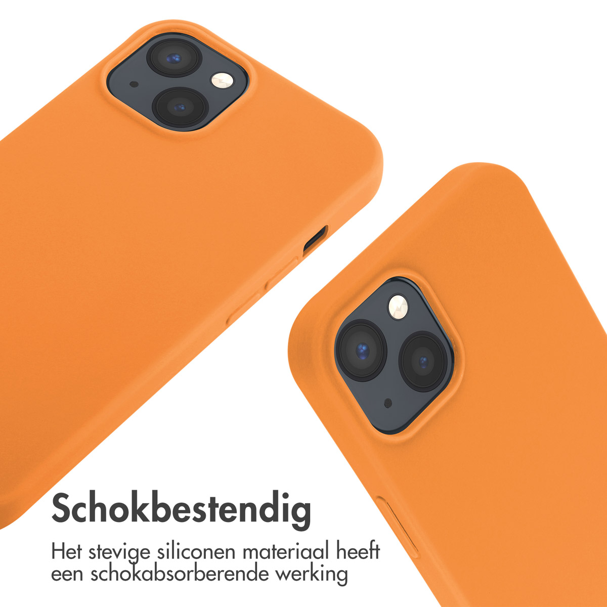 Twee oranje telefoonhoesjes, schuin, met een witte achtergrond.