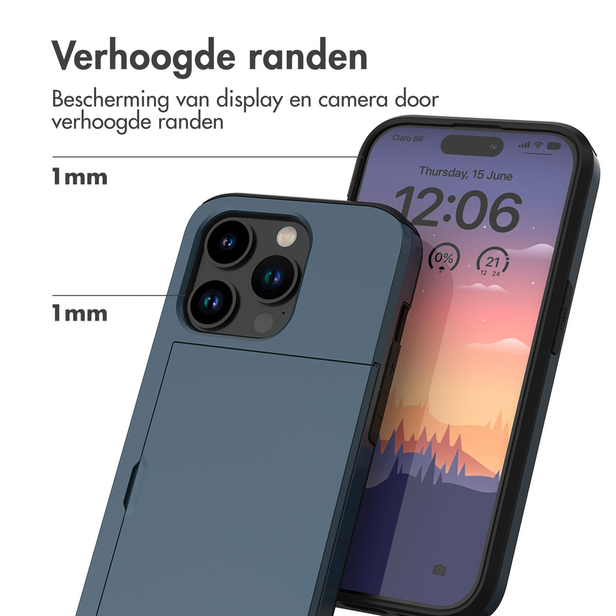 Blauwe telefoonhoes die telefoonscherm met tijd en batterij laat zien, met camera.
