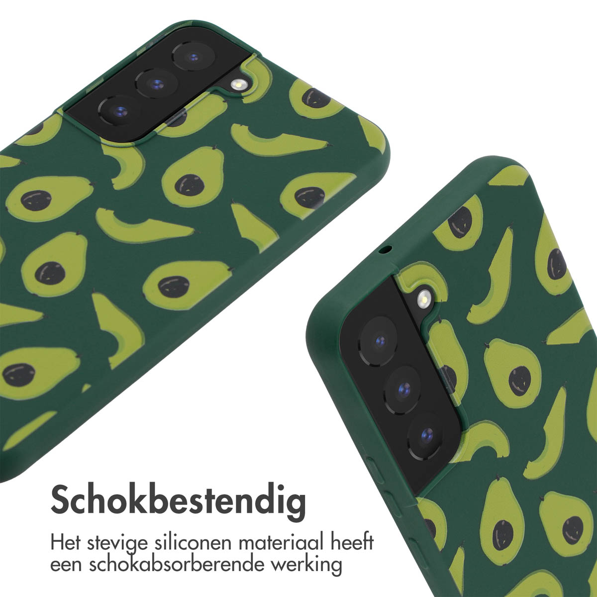 Twee telefoonhoesjes met een avocadopatroon op een groene achtergrond.