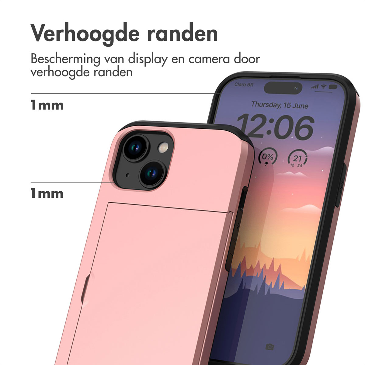 Pink phone case with phone showing time. Text: Raised edges protect display and camera, 1mm.