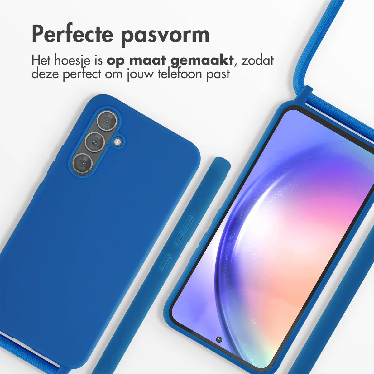 Blauwe telefoonhoes met koord.