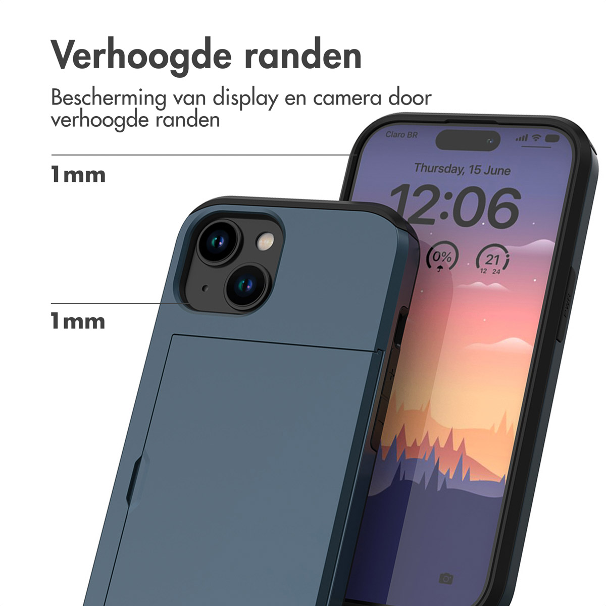 Dark blue phone case with raised edges.