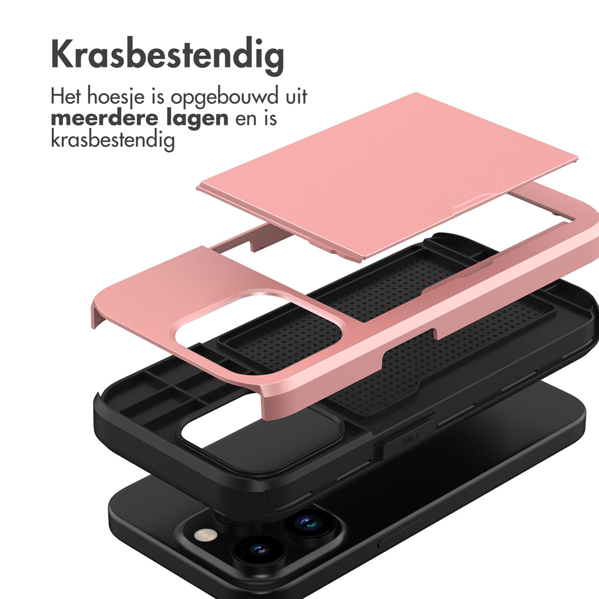 Vue éclatée d'une coque de téléphone. Elle comporte plusieurs couches en rose et noir. Le texte en haut dit 'Résistant aux rayures'.