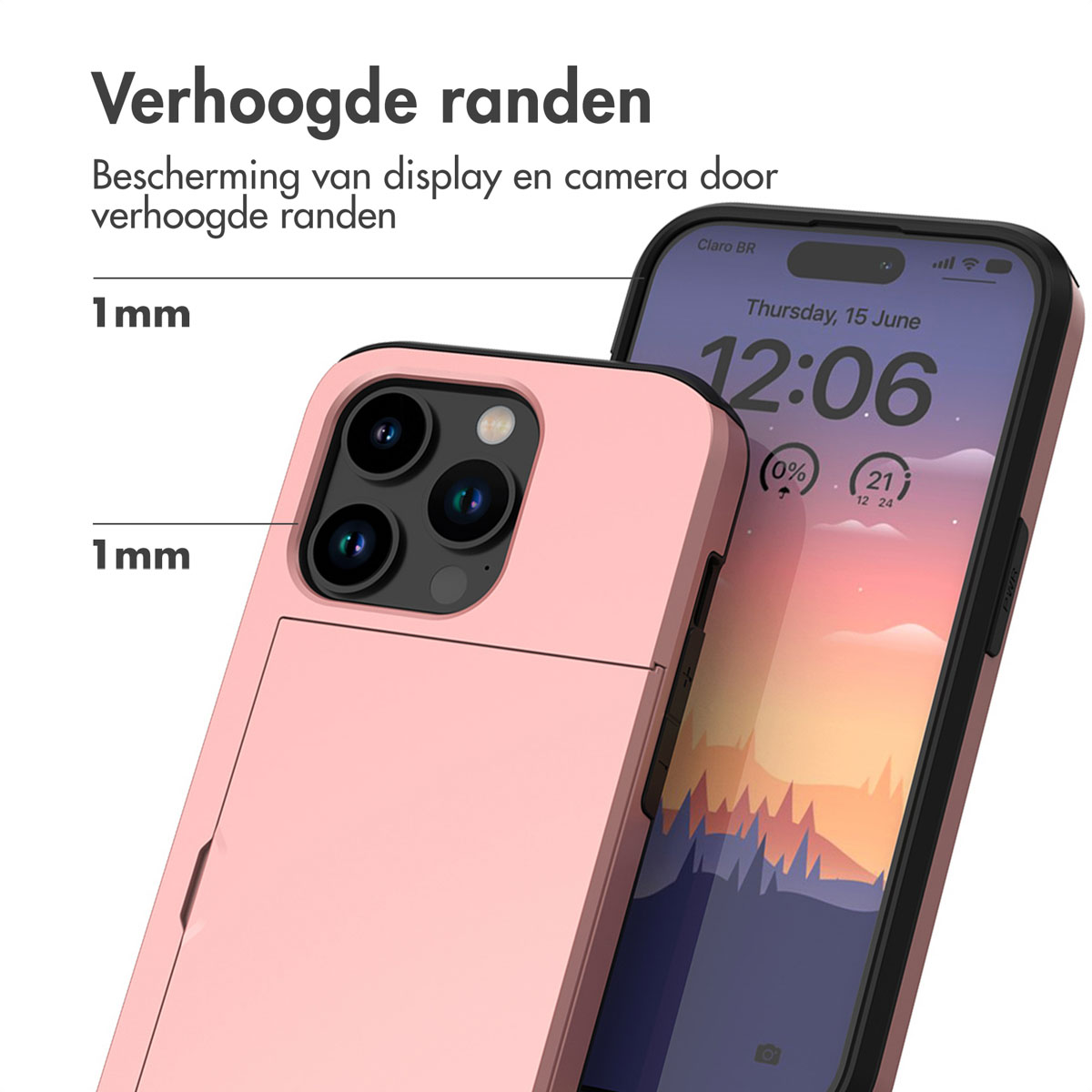 Une coque de téléphone rose avec un téléphone affichant la date et l'heure.