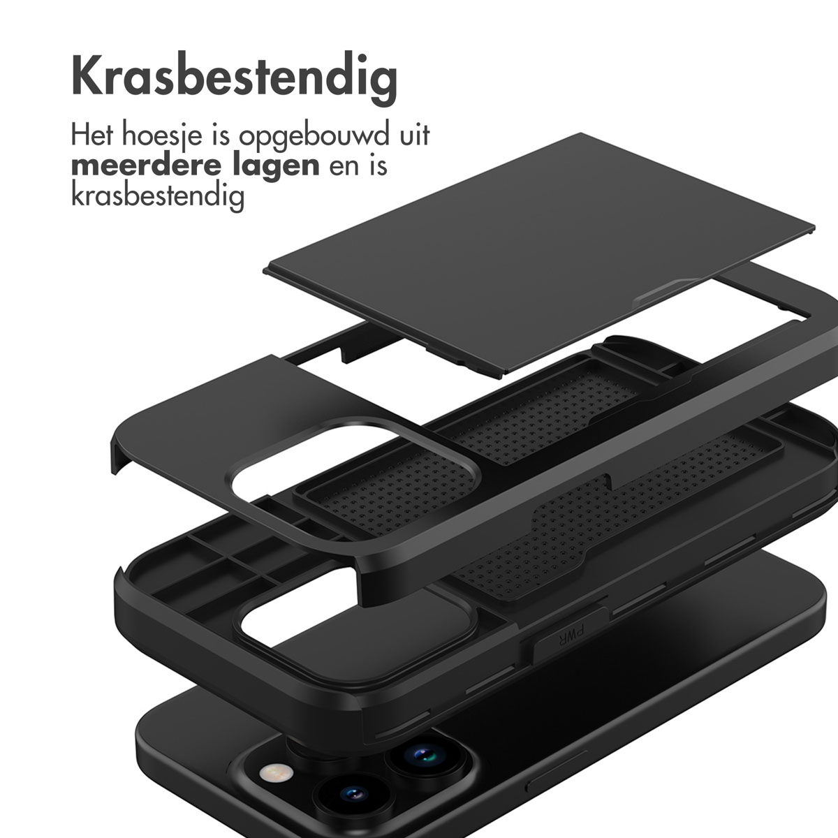 Vue éclatée d'une coque de téléphone noire. Texte : Résistant aux rayures.